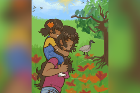 Woman carrying a child on her shoulders in a field