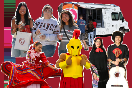 A vibrant scene with smiling people enjoying a festive event. A food truck, traditional dancer, costumed mascot, and musicians create a lively atmosphere.