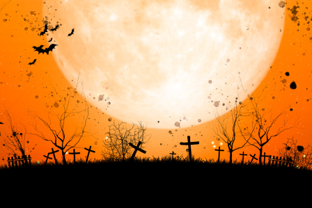 Halloween cemetery scene with moon and bats