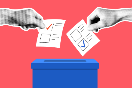 peopel placing their ballot in voting box