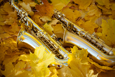 Saxophones in fall leaves 