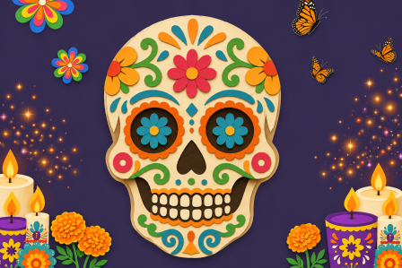 A festive dia de los muertos skull surrounded by orange flowers and festive candles