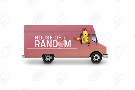 House of Random logo on truck with mascot, Titus, in cabin