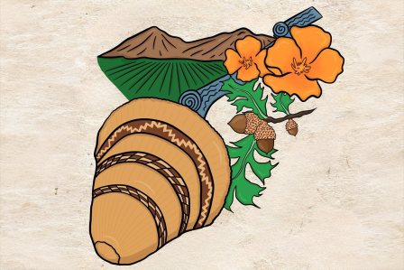 Illustration of a woven basket surrounded by orange flowers, green leaves, acorns, water and mountains