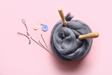 Needles and wool set up for needle felting 
