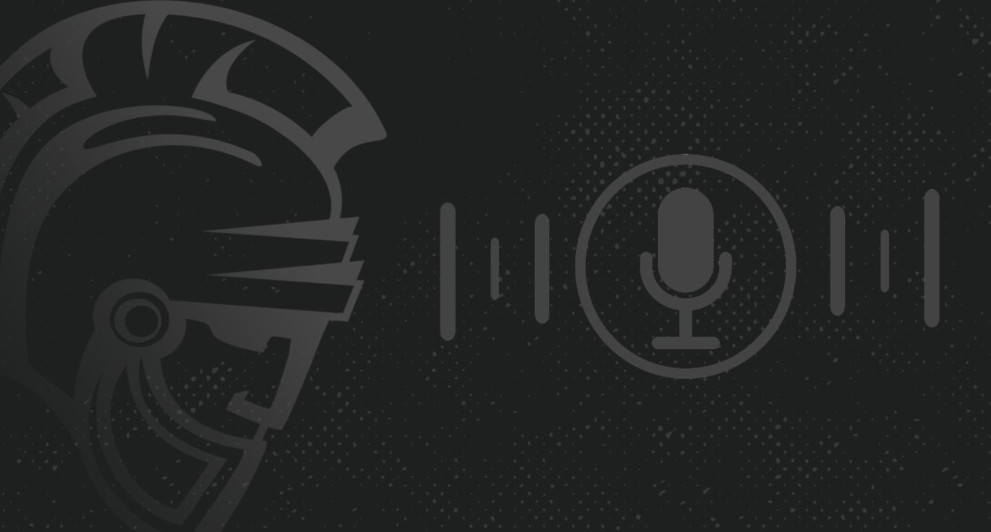 Dark grayscale image features a stylized helmet on the left, evoking a warrior theme. On the right, a vintage microphone icon surrounded by sound waves.