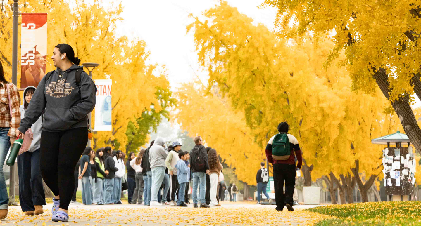 Students walk along a campus path lined with vibrant yellow autumn trees. A relaxed, cheerful atmosphere prevails as people chat and stroll.