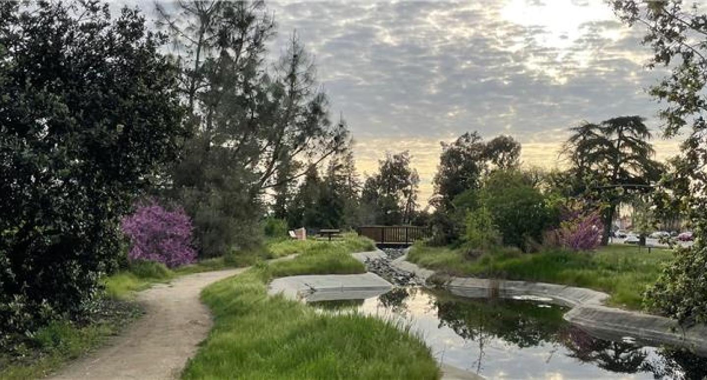 A serene park scene at dusk, with a winding path beside a reflective pond. Surrounded by lush greenery and blooming purple flowers, the sky is partly cloudy.