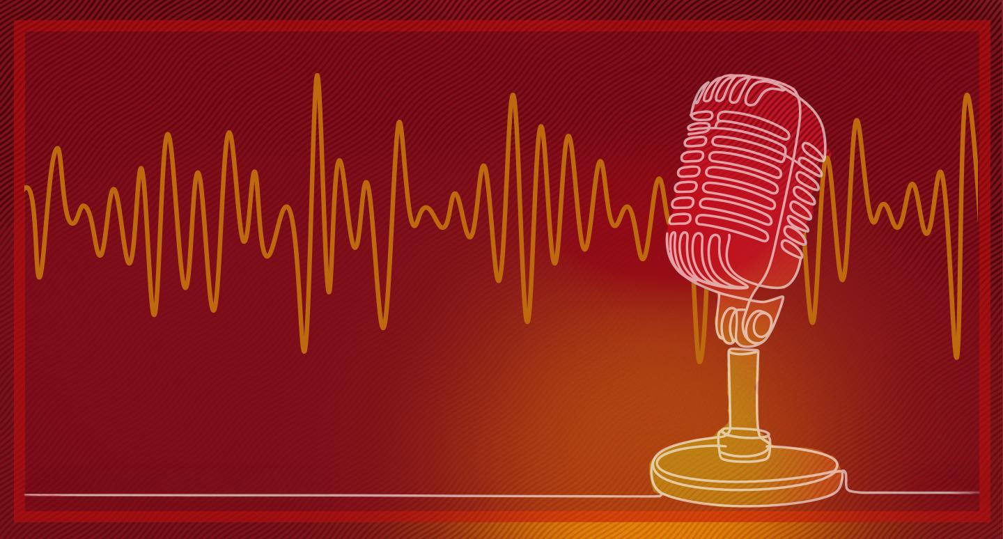 Illustration of a vintage microphone with sound waves on a red and orange background. The image conveys a vibrant, energetic tone suitable for music or podcast themes.