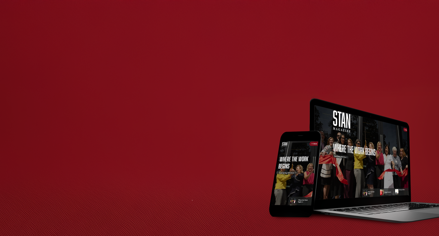A smartphone and laptop display a streaming service with vibrant scenes against a deep red background. A tone of excitement and entertainment prevails.