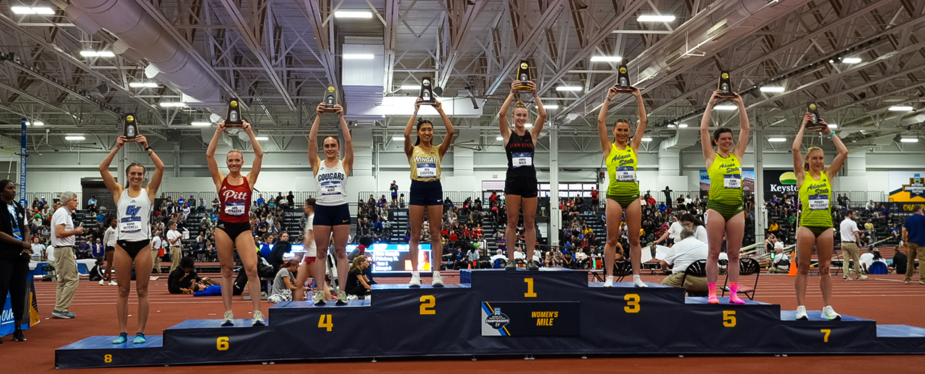 Indoor track and field podium, Annie Wild first place in the mile