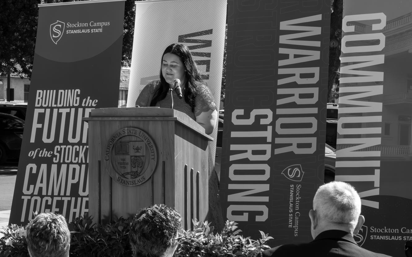 Catalina Di Somma speaking at Stockton Campus event