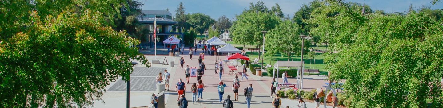 Aerial view of students walking in the Quad