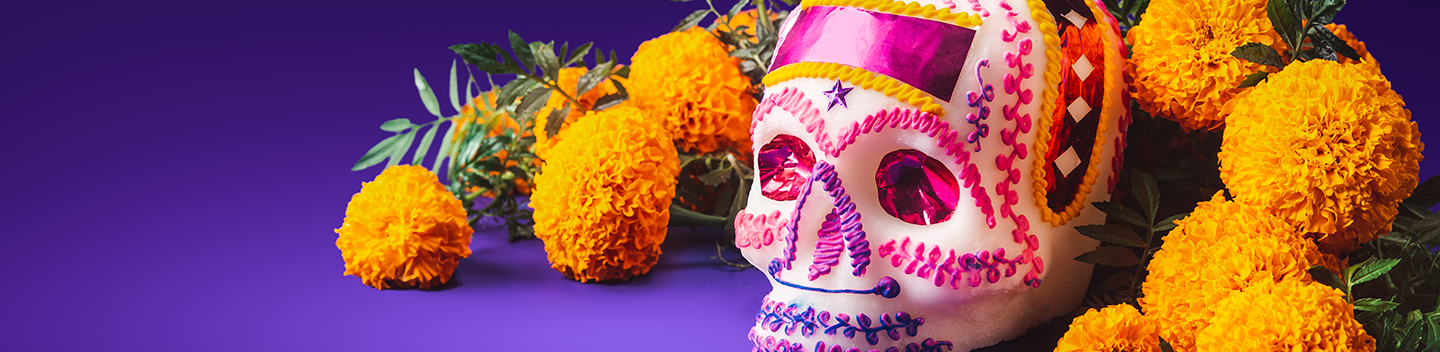 Day of the Dead skull and marigolds