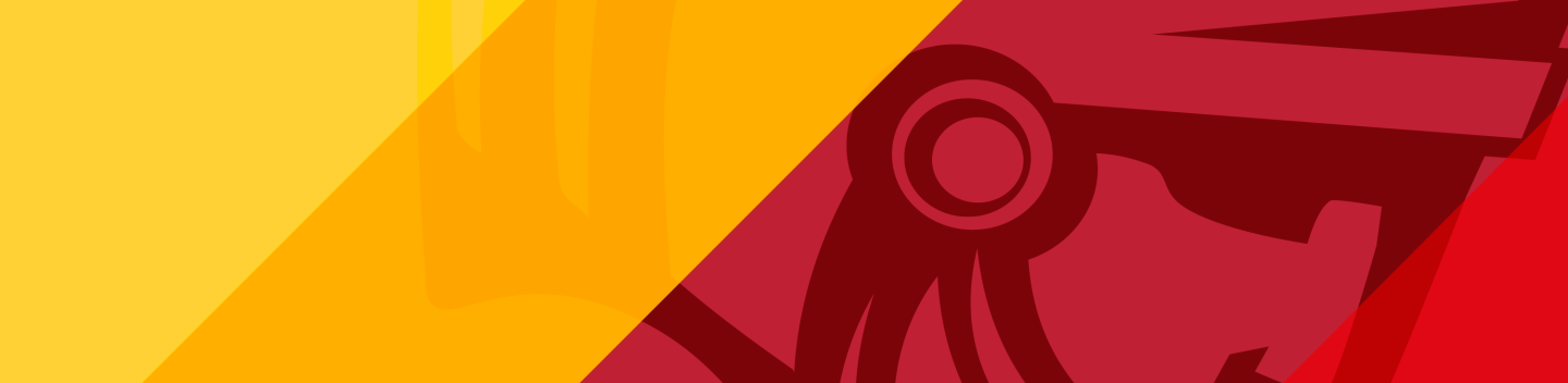 Titus head logo on red and yellow background.