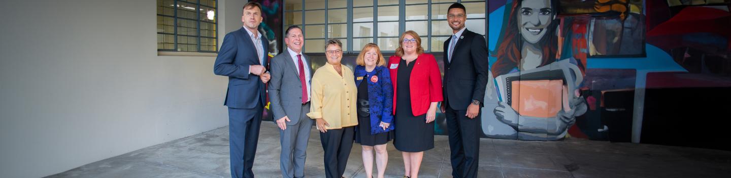 Interim President Sue Borrego and community members at the Stockton Campus