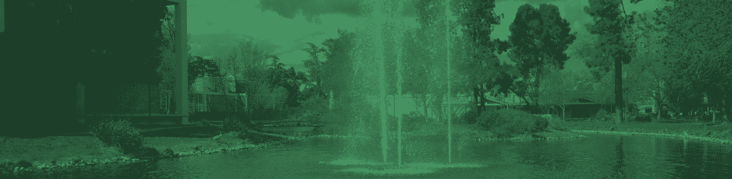 Exterior image of Stanislaus State featuring trees and a water feature.