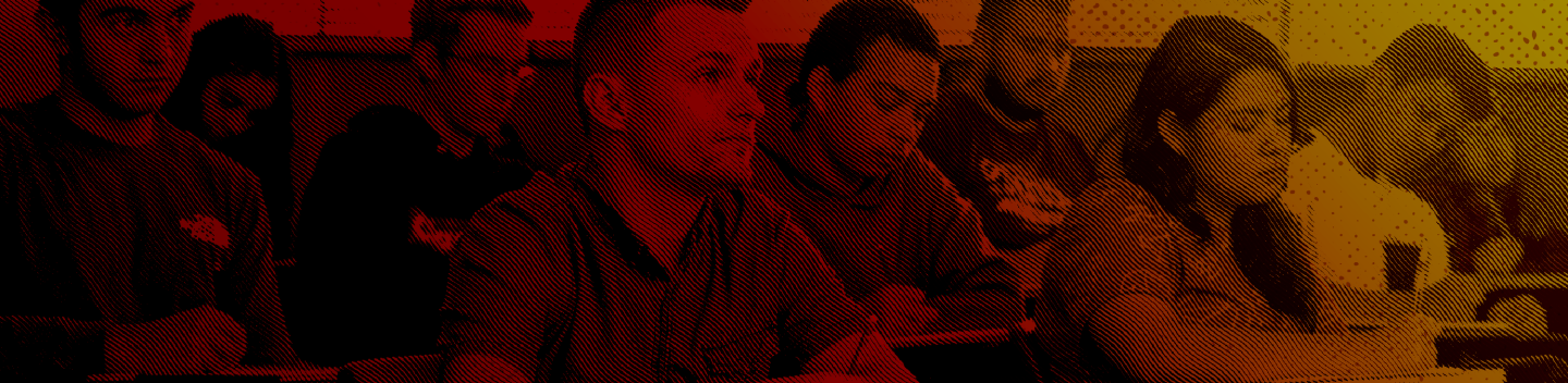 Duotone image of students inside a classroom.