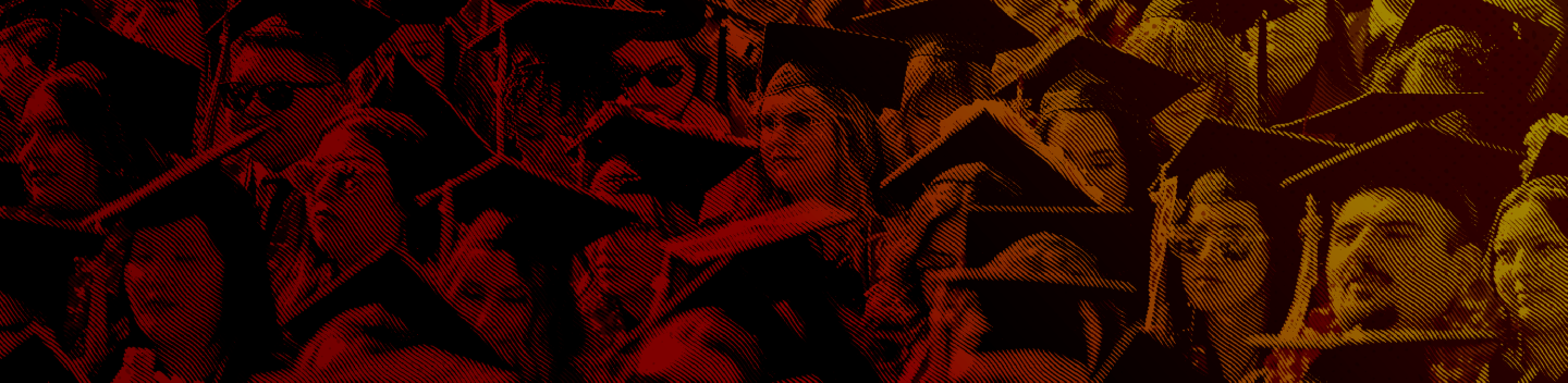 Duotone graphic of graduating students in caps and gowns at Commencement.