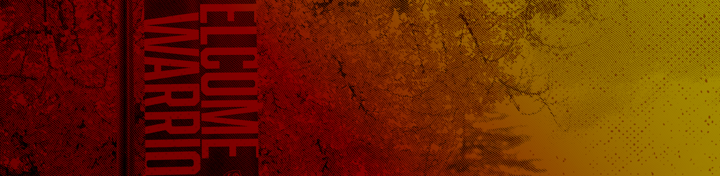 Duotone image of a Welcome Warriors banner on display outdoors.