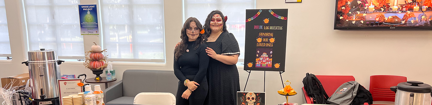 Aliyah Gonzalez stands next to a peer at the Stockton Campus.