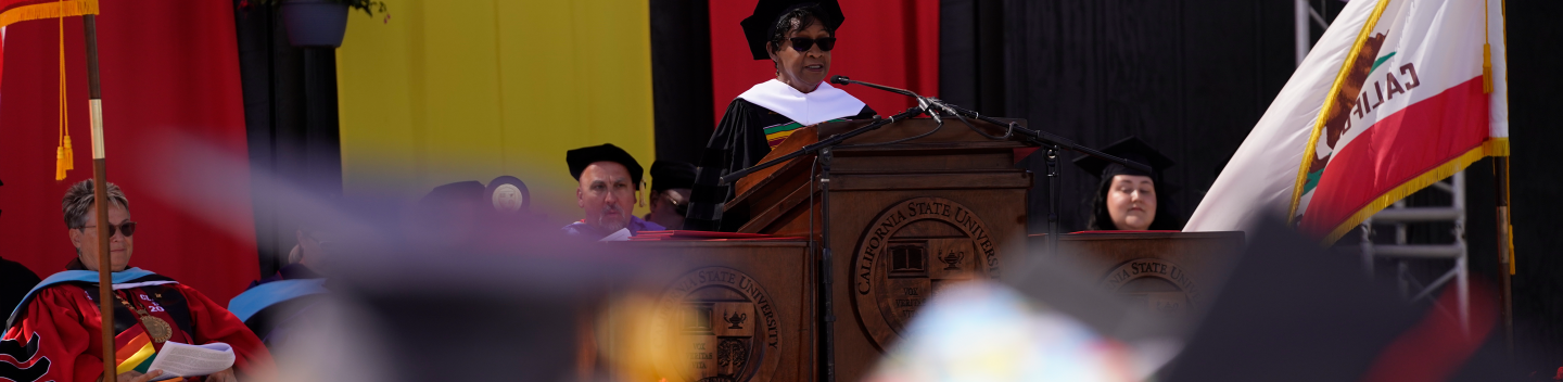 Wanda Bonnell, honorary doctorate recipient, gives remarks at Commencement