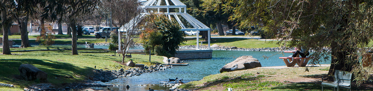 Exterior shot of Stan State's gazebo and pond.
