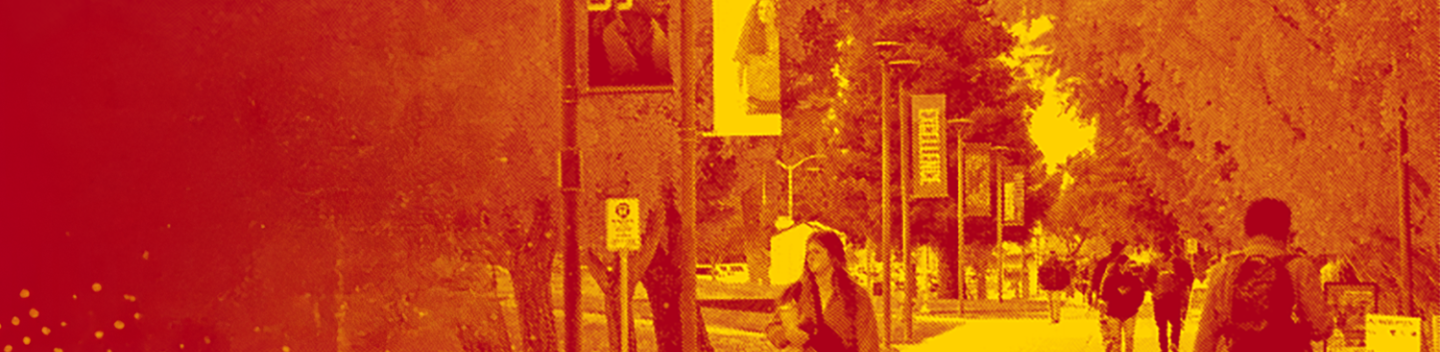 Color overlay on a scene of students walking on campus