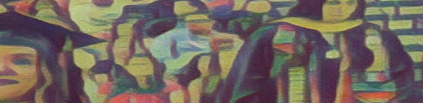 An abstract watercolor mural depicting graduates