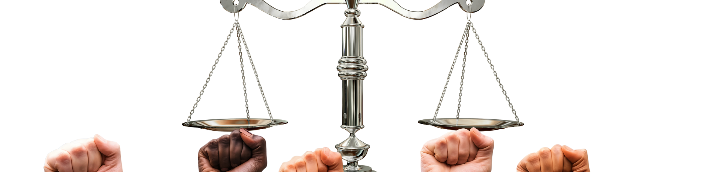 Several fists are raised beside a justice scale
