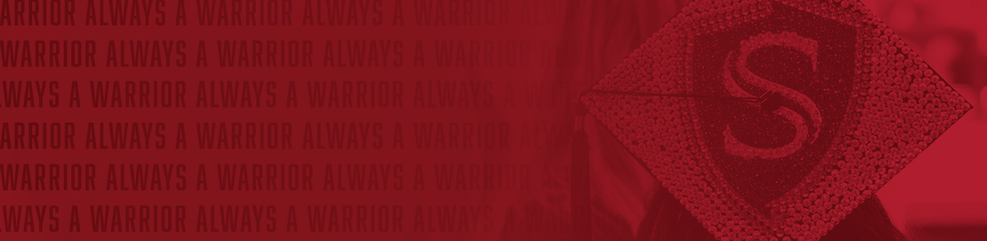 Red-toned image of a graduation cap with a shining "S" emblem, next to repeated text "Always a Warrior," conveying pride and determination.