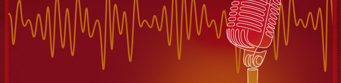 Illustration of a vintage microphone with sound waves on a red and orange background. The image conveys a vibrant, energetic tone suitable for music or podcast themes.