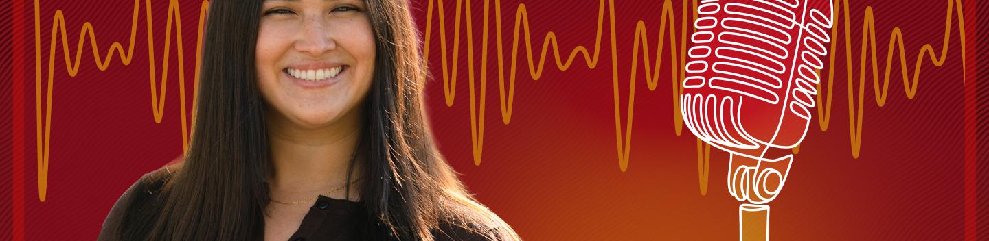 Smiling woman with long dark hair in front of a red and orange gradient background with sound waves. A large illustrated vintage microphone is on the right.