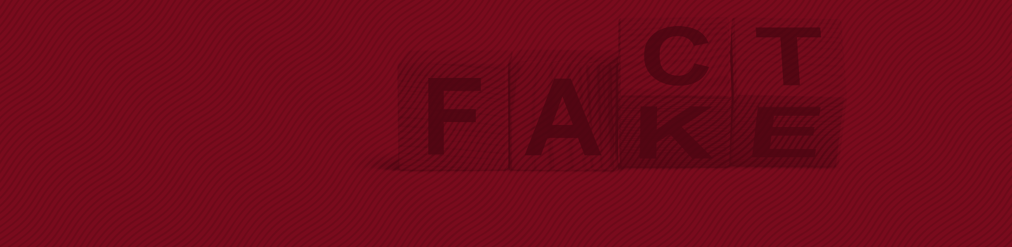 Dark red banner with a subtle diagonal pattern. On the right, the words “FACT” and “FAKE” appear in large overlapping letters within outlined boxes.