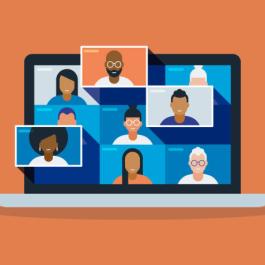 Various people in a virtual meeting on a laptop