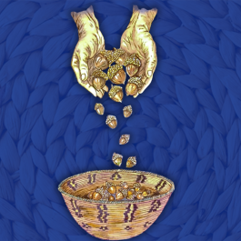 Artwork of hands dropping acorns into basket