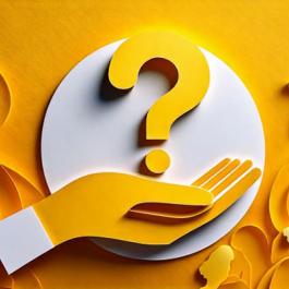 Yellow and white graphic of a question mark over an open hand surrounded by silhouettes of people