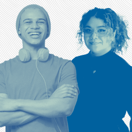 Two Stan State students are illustrated with a blue overlay