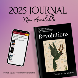 2025 Journal Now Available Image of phone with mobile website and image of University Honors journal cover