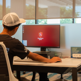 Student seen at a desktop in the University Library's Computer Lab