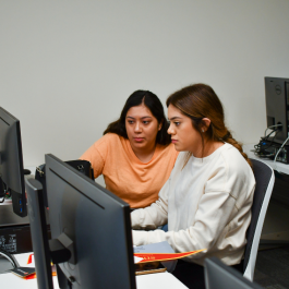 Two students viewing content on a monitor