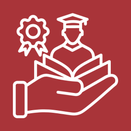 Icon of a graduate holding an open book, with an award ribbon representing academic success and achievement.