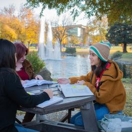 A group of students is seen studying near Bizzini Hall at Stan State