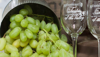 grapes next to empty wine glasses