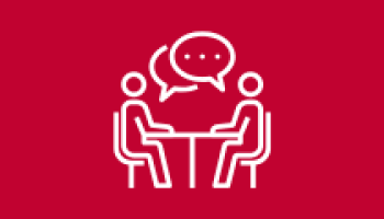 Graphic of two people sitting across each other talking