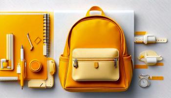 A yellow student backpack along matching notebook and school supplies
