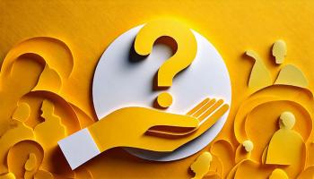Yellow and white graphic of a question mark over an open hand surrounded by silhouettes of people