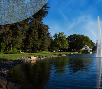 Landscape photography of Sequoia Lake featuring the gazebo and fountain.