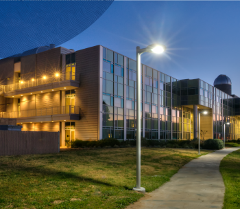 The Naraghi Hall of Science photographed from the north side at sunset.