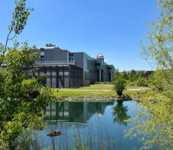 Lakeside view of the Naraghi Hall Building.